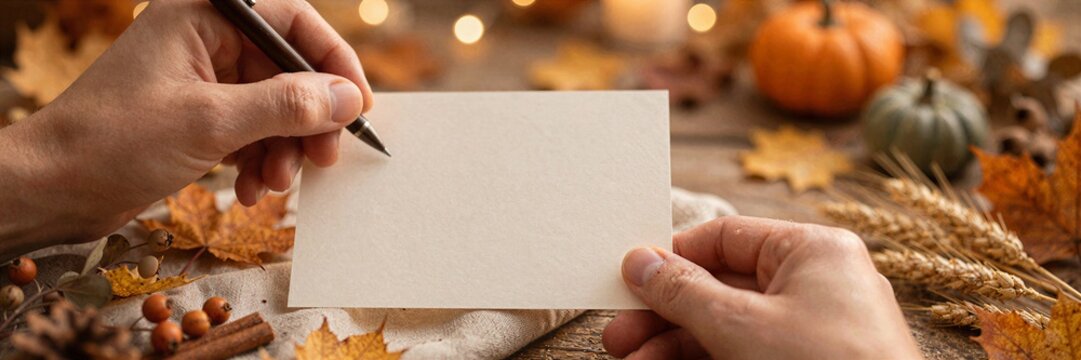 Hands Writing Autumn Card for Thanksgiving Gratitude Lifestyle Photography