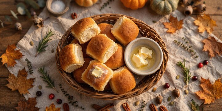Overhead Dinner Rolls for Thanksgiving Holiday Food Photography