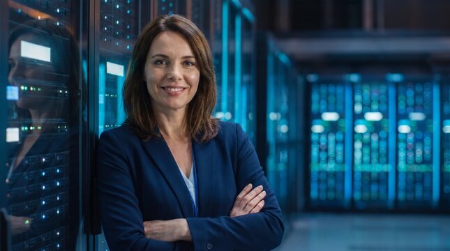 Confident female executive with arms crossed in a server room