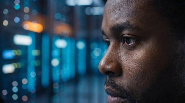 Close-up profile of a Black man with blurred server lights behind him