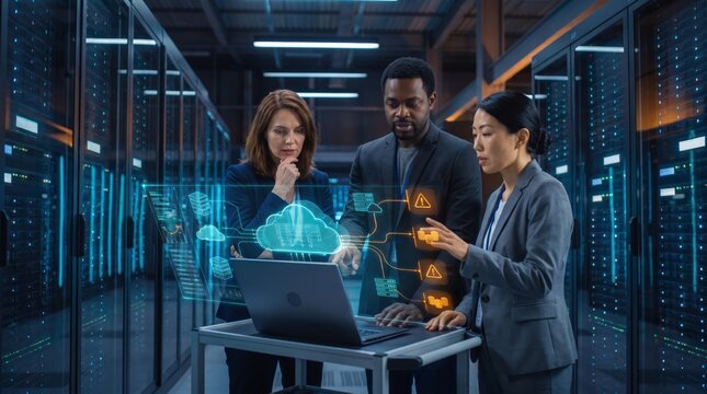 Datacenter team monitoring cloud infrastructure