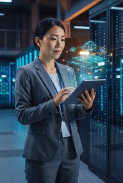Asian woman managing cloud storage on a tablet with a holographic network display