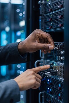 Hands connecting datacenter network hardware