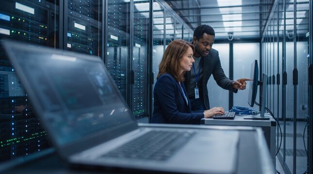 Man pointing at a monitor while a woman works at a server room terminal