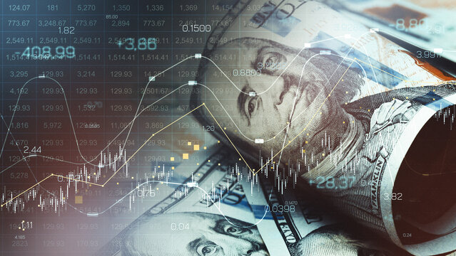 Chart shows money trends with graphs and dollar bills during economic changes