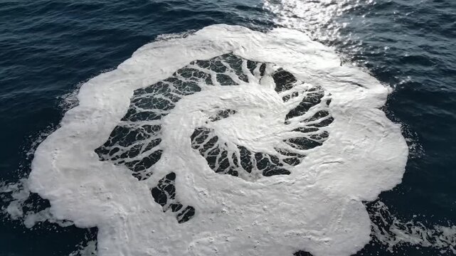 Spiraling white sea foam patterns rotating across dark blue ocean waters in this motion video clip