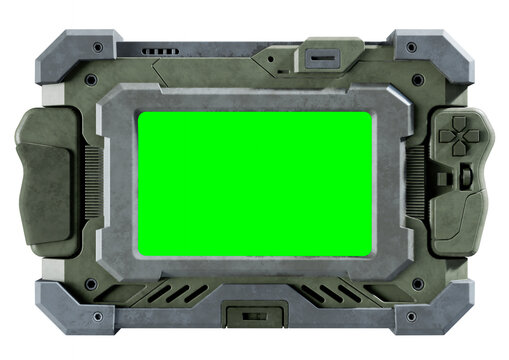 Futuristic military sci fi tablet display with a green chroma key screen and side controls, isolated on a white background.