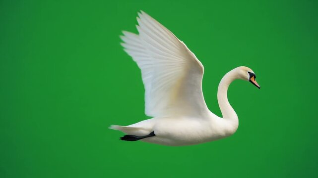 Elegant white swan flying isolated on a green screen background for chroma key compositing.