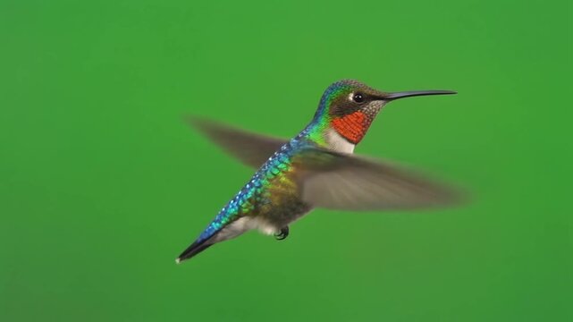 Realistic hummingbird flapping its wings with rapid motion isolated on a chroma key green background.