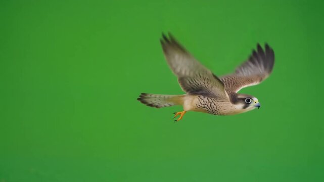 Flying falcon bird of prey isolated on a green screen background for chroma key compositing.