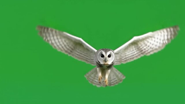 Barn owl flying directly towards the camera isolated on a green screen background for chroma key.