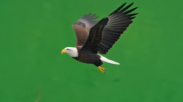 Flying bald eagle bird of prey isolated on a chroma key green background for visual effects.