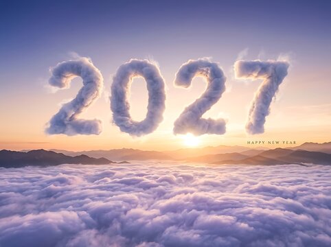 2027 formed from clouds above a mountain landscape during sunrise with golden light