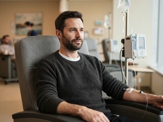 Fototapeta premium Young man sitting in hospital chair during IV infusion therapy. Male patient undergoing medical treatment