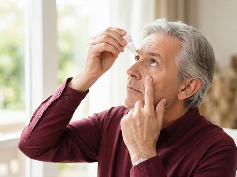 Middle-aged man instilling eye drops into eye for allergy relief. Ophthalmic treatment and dry eye care