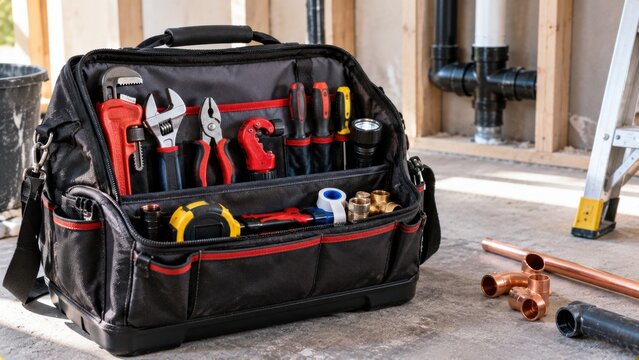 Organized black tool bag filled with plumbing equipment standing on construction site floor during renovation.