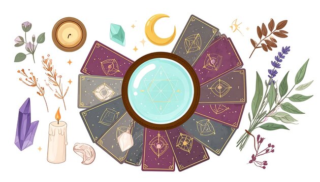 Mystical Divination Flat Lay Concept with Tarot Cards, Scrying Crystal Ball, Candles, Gemstones, and Herbs Illustration