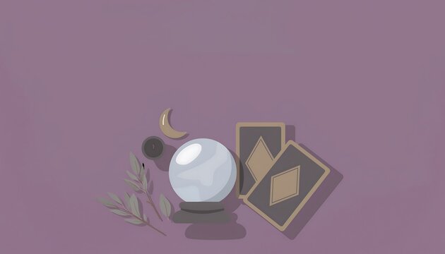 Mystical Fortune Telling Concept with Crystal Ball, Tarot Cards, Crescent Moon, and Herbs Flat Illustration