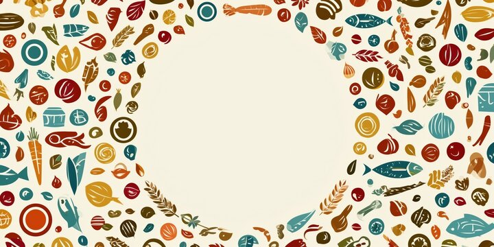 Colorful illustrated food border with a cream center for menu design.