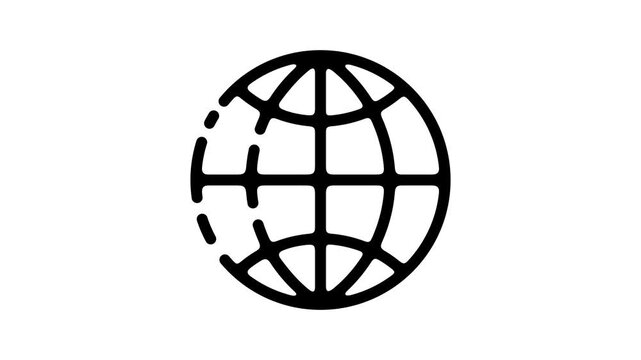 Minimalist 2D animation of a stylized cartoon earth planet globe sphere revealing itself. The design features a simple animated grid with a few meridians, parallels, and equator lines. Playful motion 