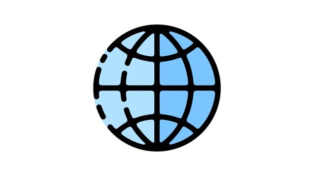 Minimalist 2D animation of a stylized cartoon earth planet globe sphere revealing itself. The design features a simple animated grid with a few meridians, parallels, and equator lines. Playful motion 