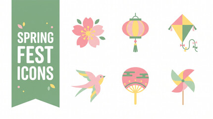 Obraz premium Set of spring flat vector icons featuring cherry blossoms, lanterns, kites, birds, folding fans, and pinwheels in pastel colors