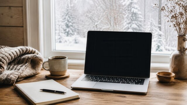 Cozy winter home office with laptop, coffee and notebook on wooden desk beside a snowy window