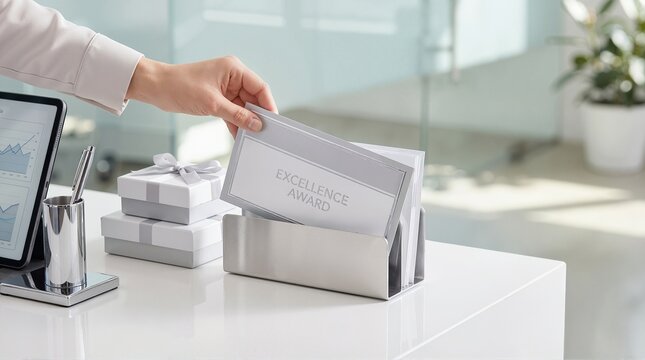 Hand taking excellence award certificate envelope from holder on desk. Corporate employee incentives and recognition concept