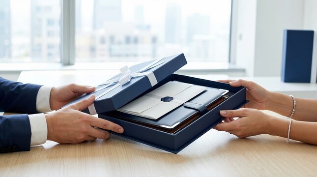 Presenting an extra compensation package in a corporate meeting. Executive gift box with a formal document