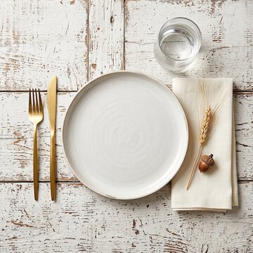 Minimal rustic table setting photographed from above featuring an empty white plate, gold fork and knife, folded linen napkin with wheat and acorn accent, and a glass of water for a simple autumn meal