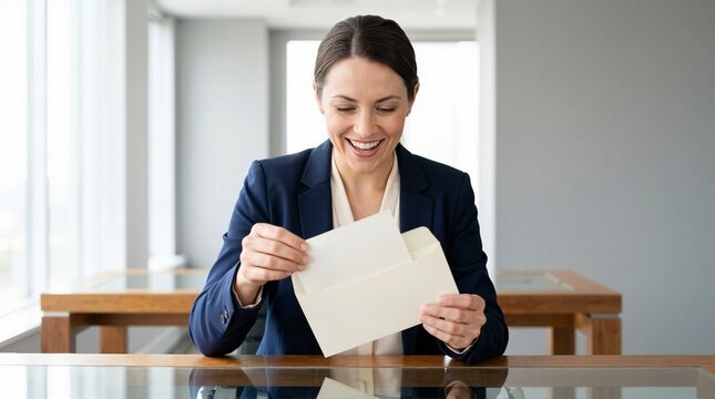 Office worker looking at a bonus letter. Smiling woman reading good news in a corporate environment