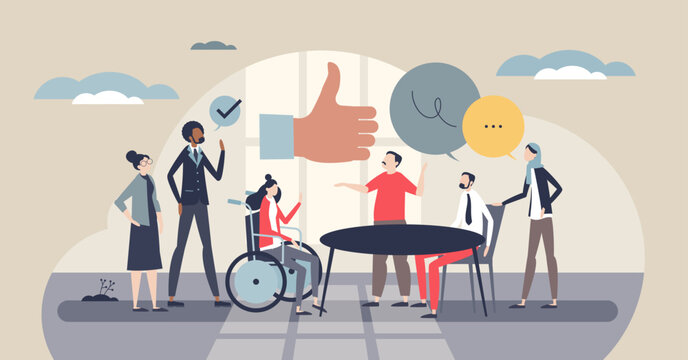 Workplace culture inclusion, diverse team collaborates at a round table, speech bubbles and thumbs up signal open, supportive dialogue. Team, table, speech bubbles. Tiny style