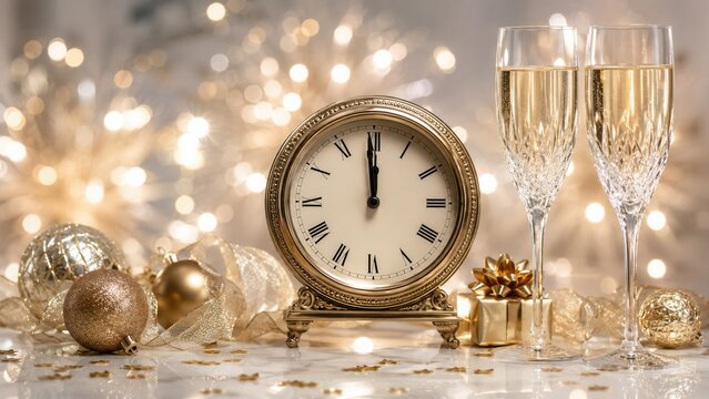 New Year midnight countdown with vintage clock, champagne glasses and elegant golden festive decorations