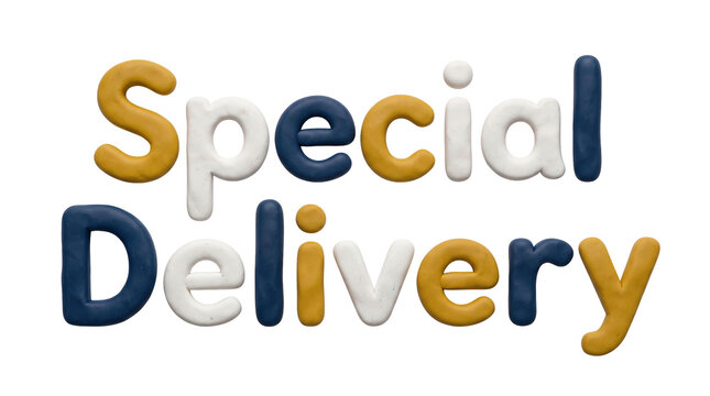 Special Delivery text in colorful playful clay letters. Yellow, blue, and white plasticine font creates a charming message.. Transparent background