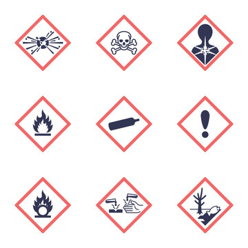 GHS hazard pictograms diagram presenting skull-and-crossbones, flame, and corrosion symbols in red diamond frames, a clear brief guide to chemical risks and safety labeling. Outline diagram