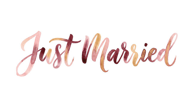 Just married text written in watercolor calligraphy on transparent background. Elegant pink and gold lettering with artistic brush strokes.
