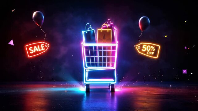Neon shopping cart with sale signs and gift box glowing in dark retail discount scene