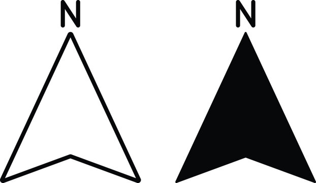 North arrow compass vector icon set. Navigation map orientation and cardinal direction arrow symbol. Outline and solid black north arrow indicator with letter N