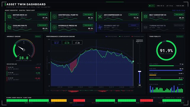 A detailed Asset Twin Dashboard showcasing expected performance versus real-time telemetry with animated asset cards and sophisticated comparison engine for industrial applications.