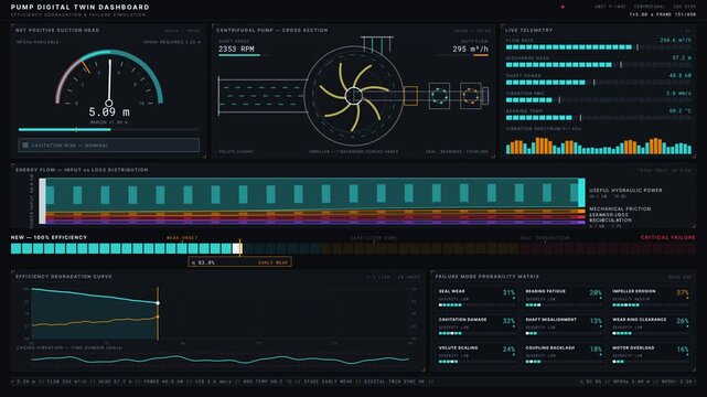 Visual representation of a pump digital twin dashboard showcasing efficiency degradation and failure simulation with animated graphics and informative metrics.