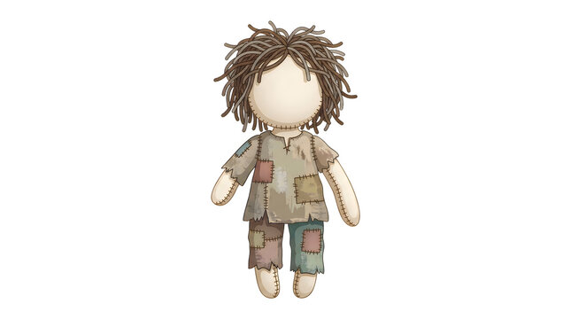 Ragged doll with stitched patches and tangled hair isolated on transparent background for creepy character design and dark whimsical art project assets.