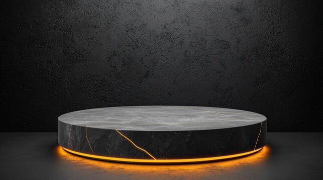 Dark marble podium with orange neon light.