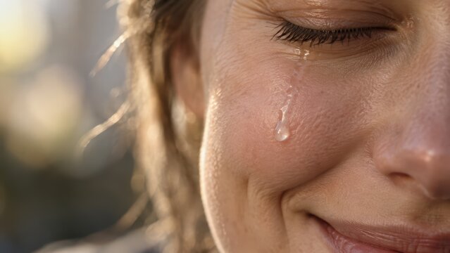 Emotional rollercoaster close up of young woman crying and smiling at the same time with tear rolling down cheek in warm golden light