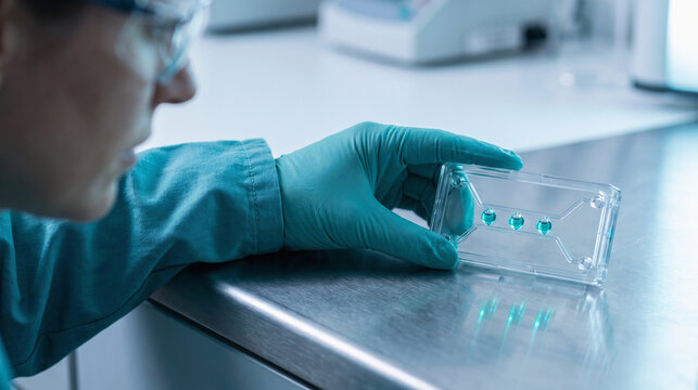 Scientist studies lipid nanoparticle movement in a microfluidic flow setup