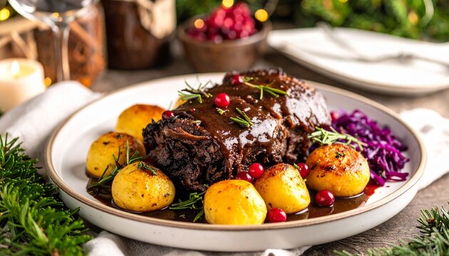 Wildschweinbraten mit Preiselbeeren und Kartoffelkl&ouml;&szlig;en