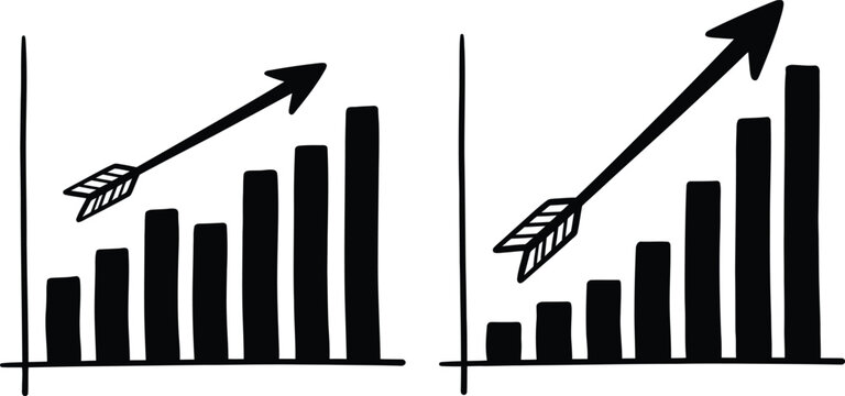 Visual representation of business performance showing upward trends and downward declines using bar graphs and arrow imagery