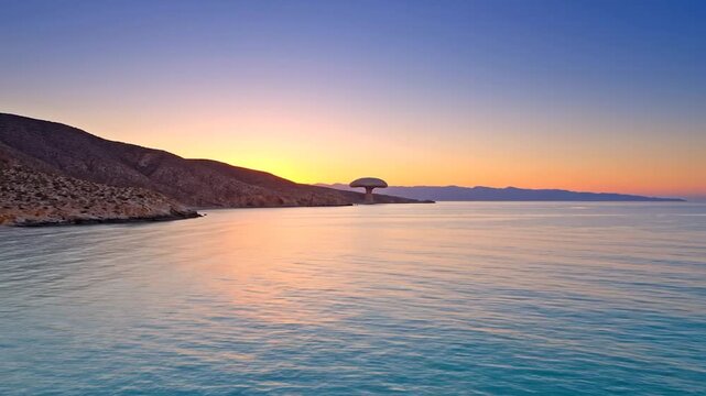 Balandra Bay near La Paz Mexico at sunset with turquoise water, desert hills and rock formations forming a serene cinematic coastal travel destination landscape in Baja California Sur