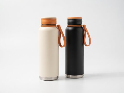Two minimalist stainless steel thermos water bottles in cream and black color with orange silicone carrying strap isolated on seamless white studio background. Modern reusable drinkware mockup.