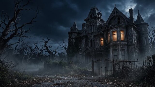 Atmospheric abandoned mansion glowing through nighttime fog, created for Halloween campaigns, haunted house promotions, entertainment media, seasonal advertising, and spooky video backgrounds.