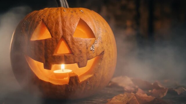 Glowing carved pumpkin lantern surrounded by atmospheric fog and autumn leaves, suitable for Halloween advertising, seasonal campaigns, social media content, and spooky backgrounds.